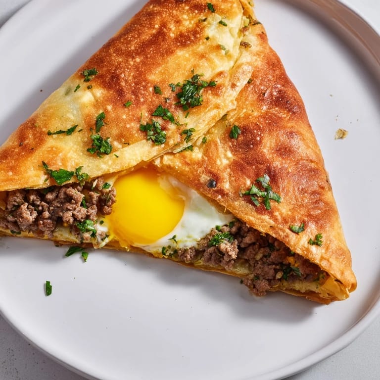 A close-up of a delectable Tunisian Brik pastry, served hot and ready to be enjoyed as an appetizer.