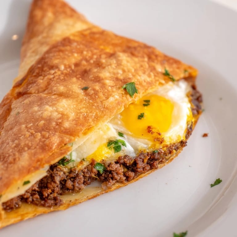 Crispy layers of phyllo create the perfect Tunisian Brik, stuffed with seasoned meat and a fried egg.