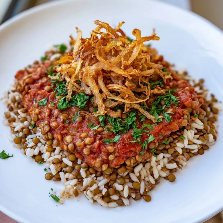 A steaming bowl of Egyptian Koshari features layered rice, pasta, and lentils with rich tomato sauce.