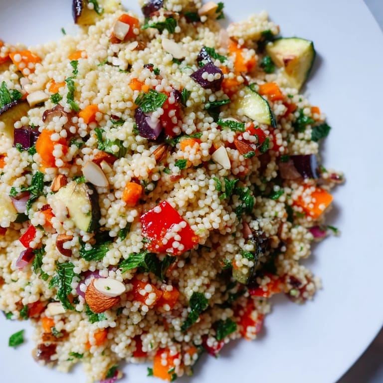 A bright bowl showcasing fresh Moroccan couscous salad, overflowing with roasted veggies and a zesty dressing.