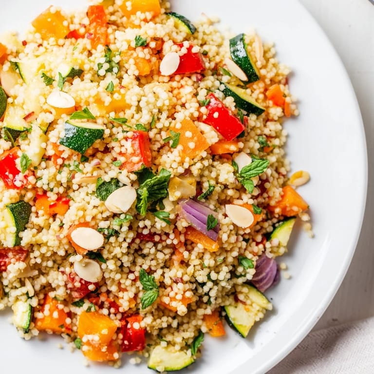 Enjoy a flavorful bite of this vibrant Moroccan couscous salad, tossed with toasted almonds and spices.