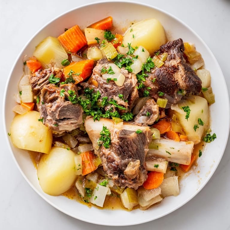 Warm, rich Welsh Cawl stew, with chunks of lamb and vegetables, served with crusty bread.