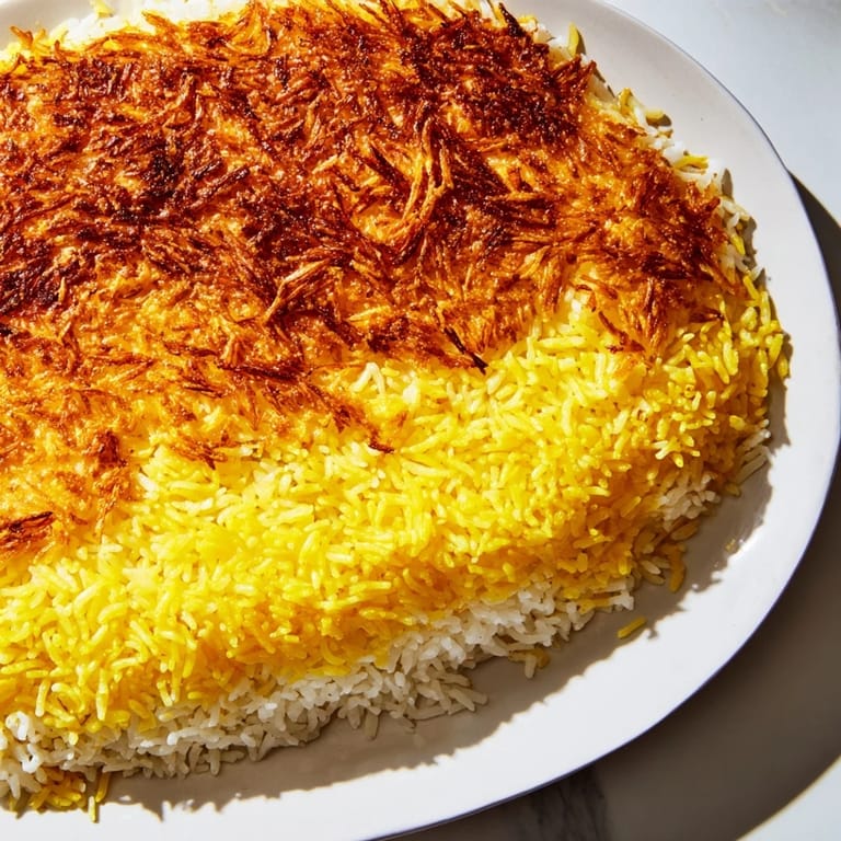 This Persian Tahdig rice recipe features a caramelized crust with saffron-infused fluffy rice and aromatic flavors.