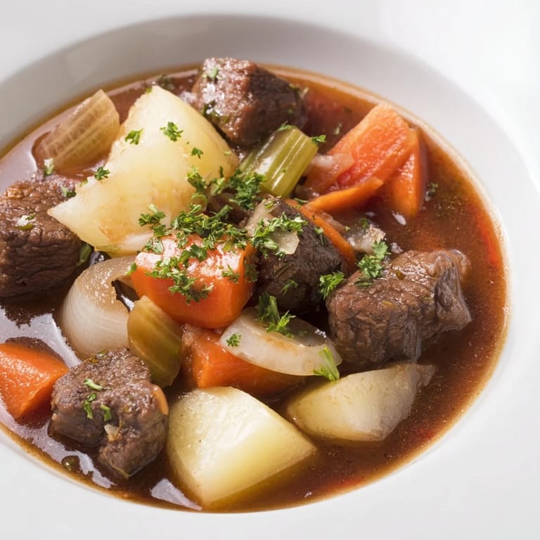A close-up shot of rich Irish Beef Stew, steaming and garnished with fresh parsley.