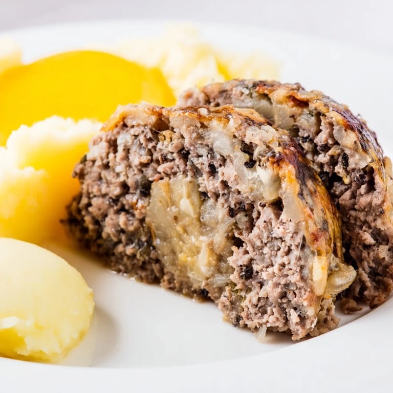 Close-up of golden-brown Scottish haggis with fluffy mashed neeps and tatties ready to enjoy.