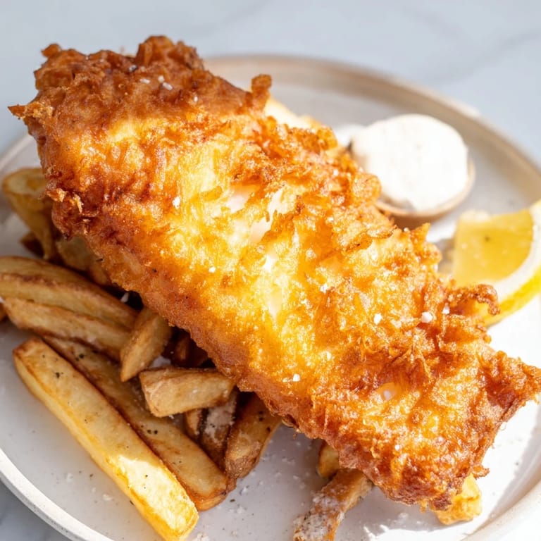 Picture perfectly fried British Fish & Chips, showing flaky fish and generously salted, chunky chips.