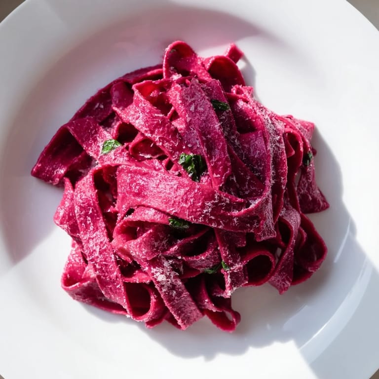 Freshly cooked magenta beet noodles tossed with olive oil and herbs, served alongside a rustic wooden cutting board.  