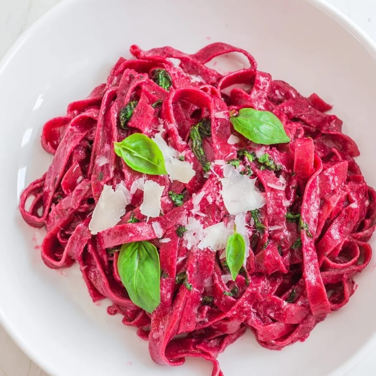 Vibrant homemade beet pasta noodles displayed on a marble countertop, ready to be served as a main dish.
