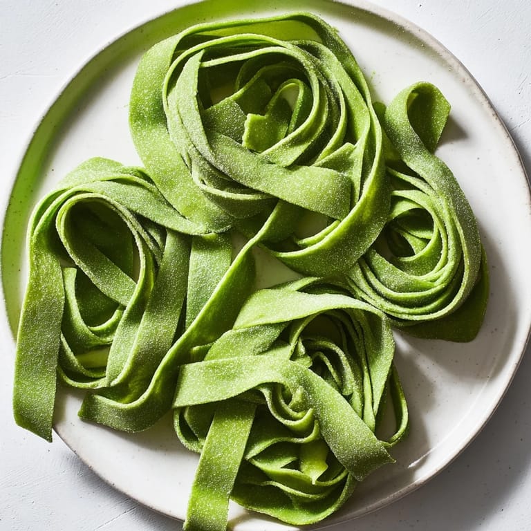 Fresh spinach pasta dough is cut into rustic ribbons, waiting to be boiled for a bright, nutritious Italian meal.