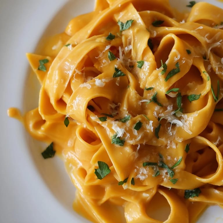 A comforting vegetarian fettuccine tossed in velvety butternut squash pasta sauce, garnished with fresh parsley.