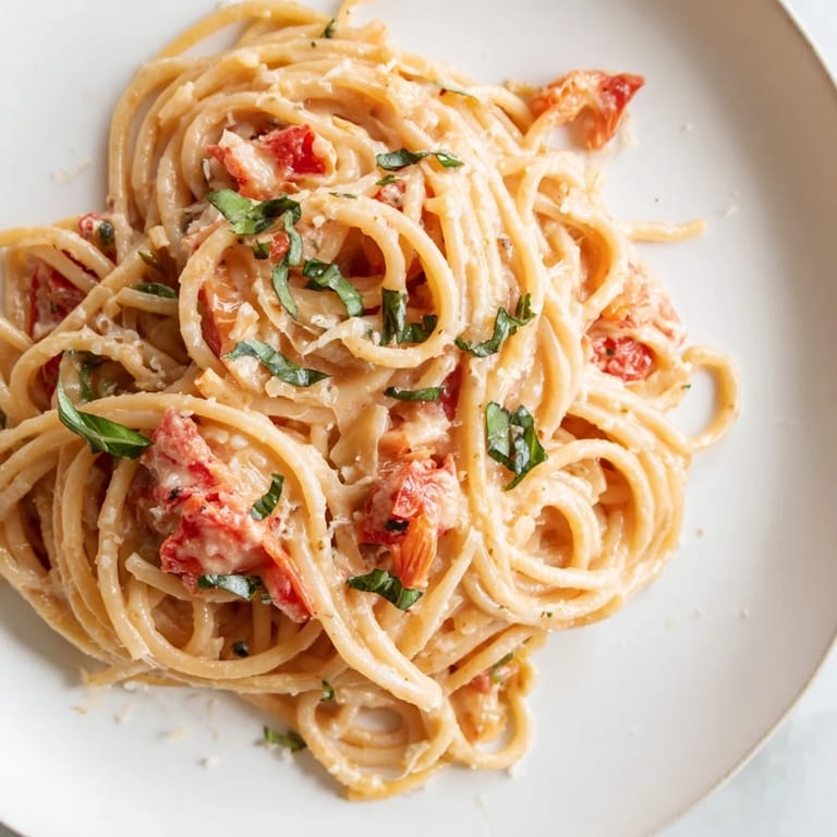 Silky roasted garlic pasta sauce tossed with spaghetti, finished with red pepper flakes.  