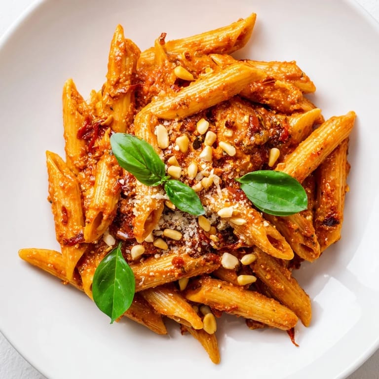 Sun-Dried Tomato Pesto Pasta shines in a shallow bowl, with golden toasted pine nuts and a lemon wedge for a Mediterranean-inspired finish.