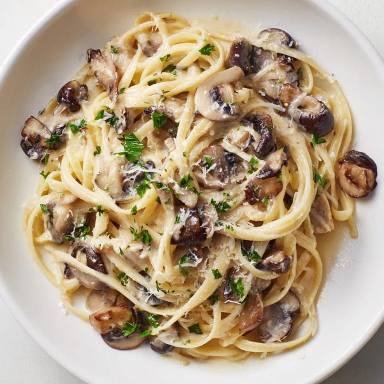 Tender linguine coated in a velvety cream sauce featuring earthy mushrooms, shallots, and a hint of black pepper.