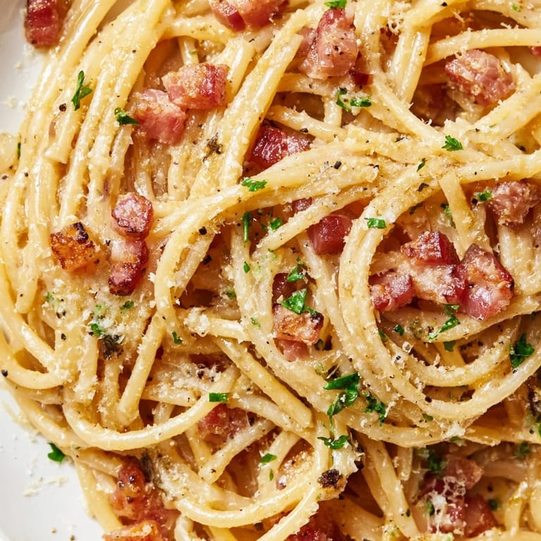 Close-up view of Crispy Bacon Linguine showing al dente pasta strands, crispy bacon bits, and a glossy, no-cream sauce.