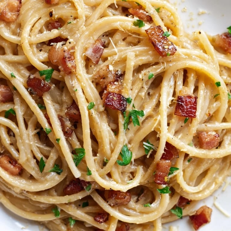 A steaming bowl of Crispy Bacon Linguine features silky sauce coating each strand, with aromatic garlic and lemon zest accents.  