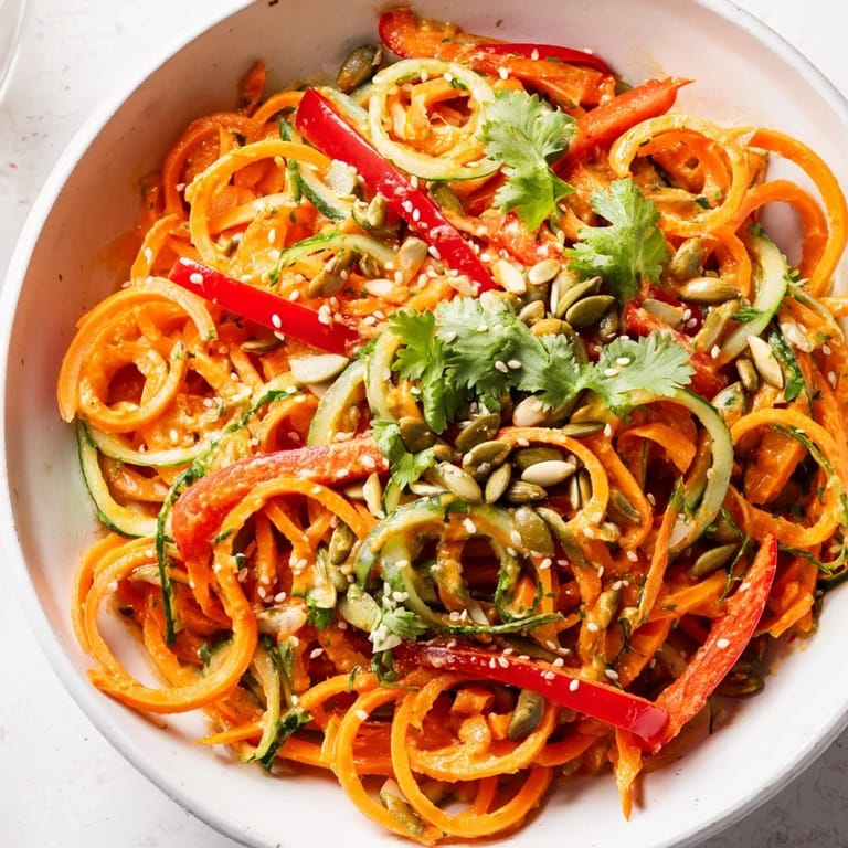 The Carrot Noodle Skincare Bowl features a zesty tahini-lime drizzle over fresh spinach and red peppers, served in a bright, healthy lunch bowl.