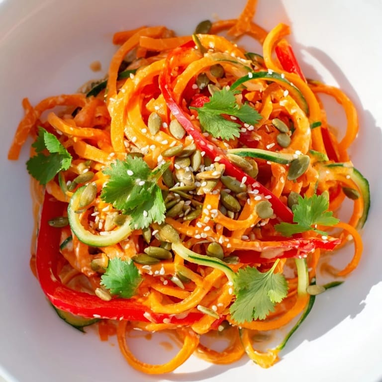 Enjoy a refreshing, vegan Carrot Noodle Skincare Bowl garnished with toasted sesame and pumpkin seeds, ready to eat in just 20 minutes.