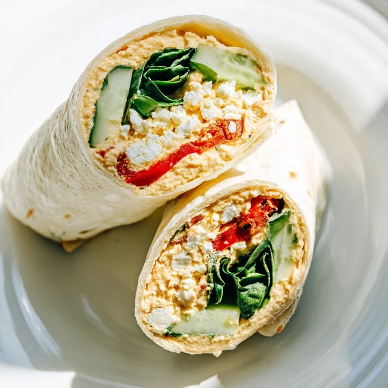 Diagonal view of a Mediterranean Veggie Wrap with crumbled feta, crisp spinach, and vibrant red peppers.