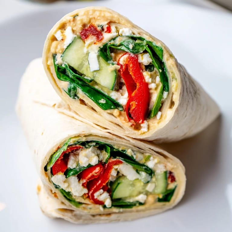A soft tortilla Mediterranean Veggie Wrap stuffed with hummus, feta, and sliced roasted red peppers on a board.