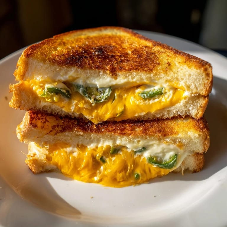 A fresh jalapeño popper grilled cheese sandwich cut in half, revealing the spicy, cheesy interior on a wooden board.