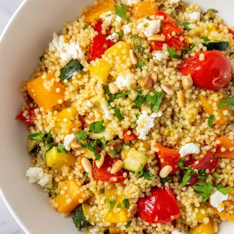 A close-up of Roasted Veggie Couscous Salad topped with crumbled feta, fresh parsley, and toasted pine nuts, drizzled with zesty lemon dressing.