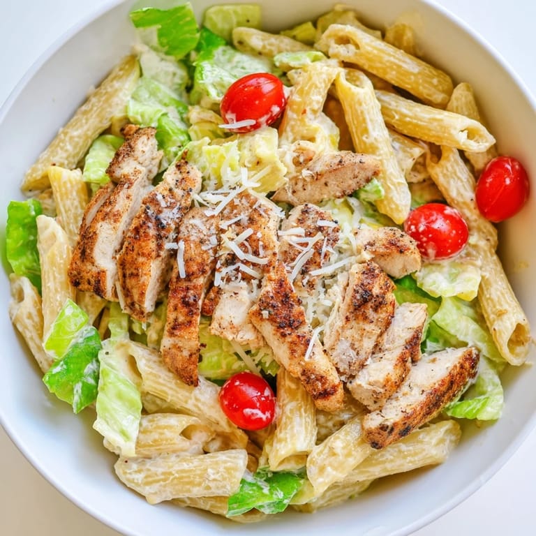 Spicy Chicken Caesar Pasta served in a rustic skillet, topped with parmesan and fresh parsley for a vibrant meal.  