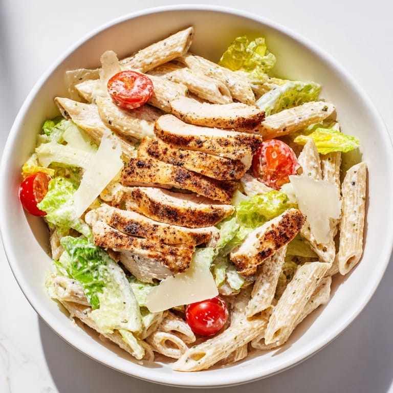 The finished Spicy Chicken Caesar Pasta in a wide bowl, with charred chicken slices and cherry tomatoes on a bed of pasta.