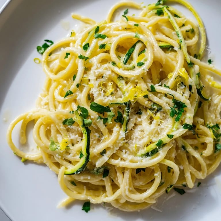 Steaming, silky Lemon Zucchini Pasta is tossed in a large skillet, revealing tender zucchini ribbons and a vibrant, citrusy aroma.