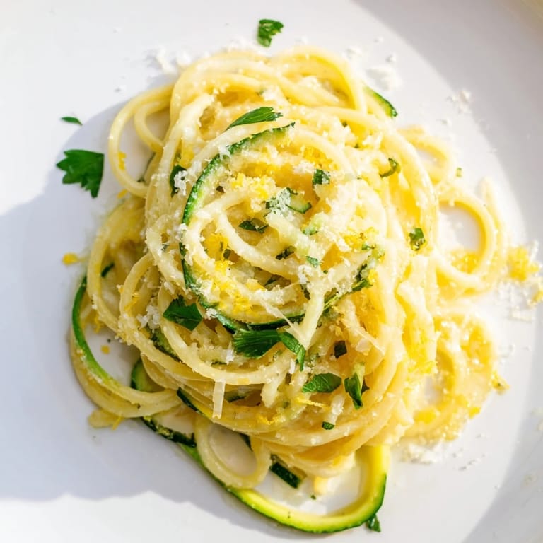A close-up of Lemon Zucchini Pasta shows zesty lemon zest, melted butter, and Parmesan on every strand, ready for a quick weeknight meal.