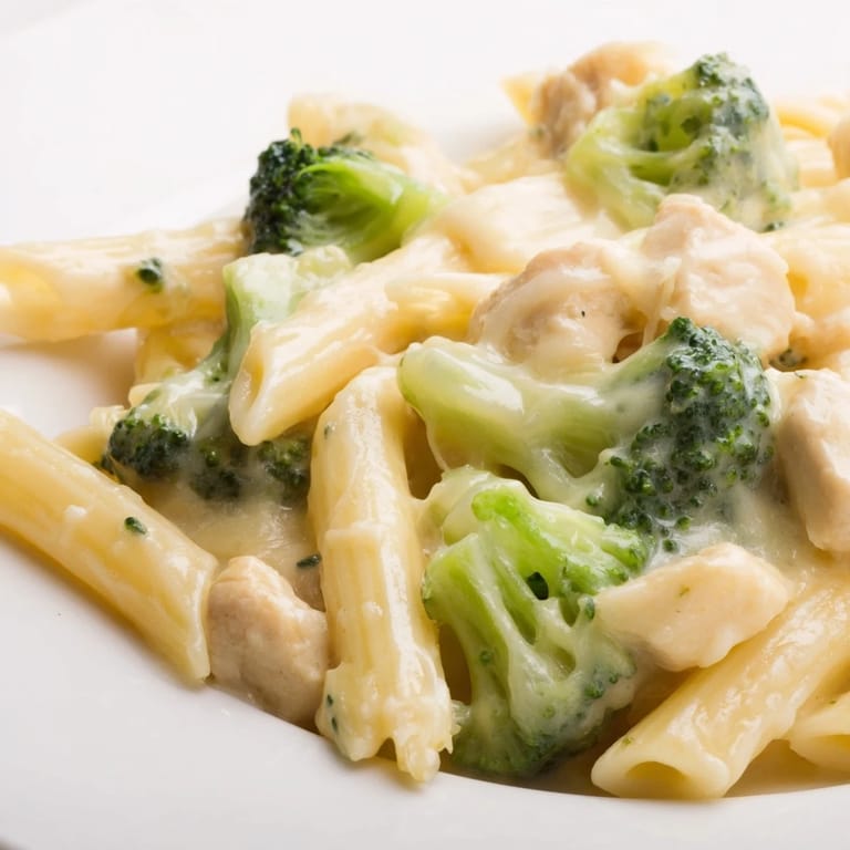 A family-friendly skillet meal featuring penne pasta, golden chicken pieces, and vibrant green broccoli florets coated in cheese.
