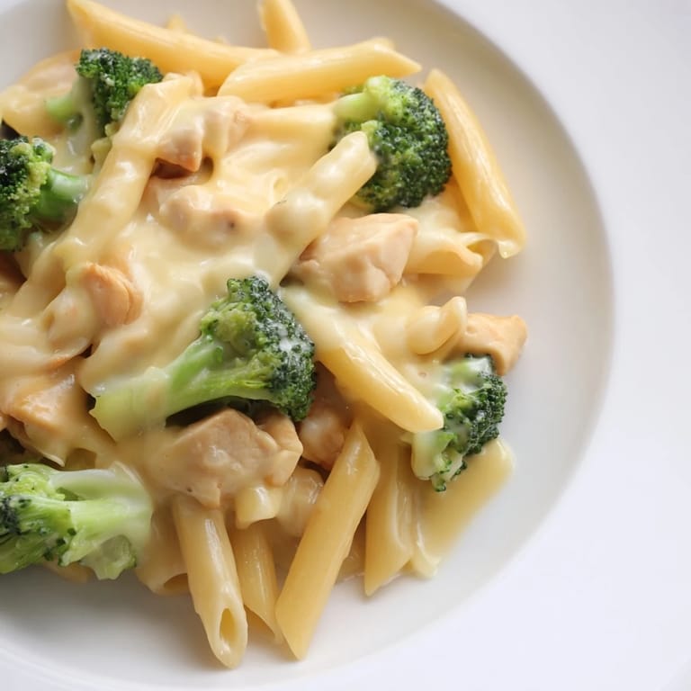 Serve this comforting Chicken Broccoli Cheddar Pasta hot, garnished with extra cheddar and herbs for a weeknight dinner.