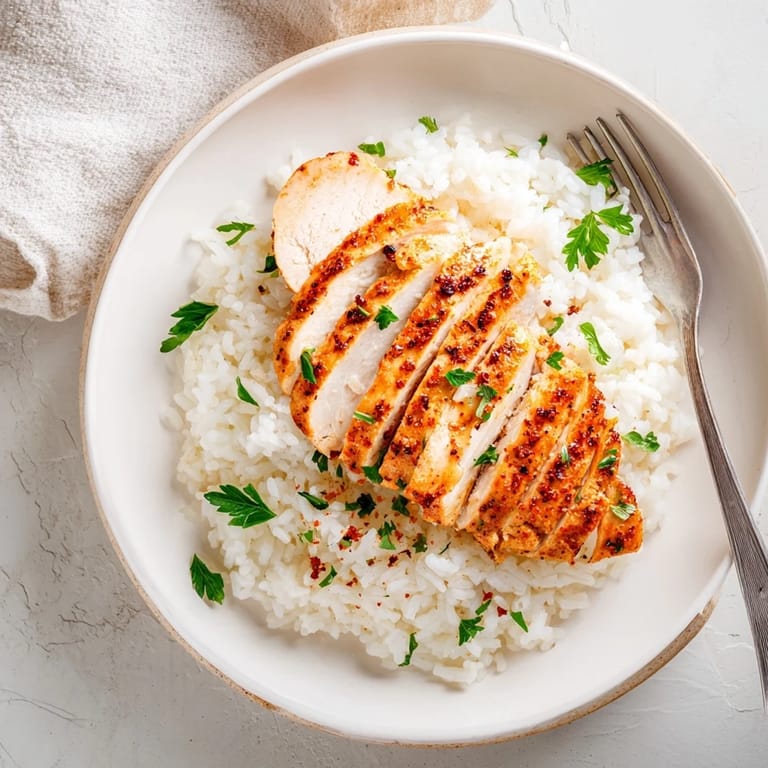 Garlic butter rice topped with seasoned grilled chicken, freshly chopped parsley, and a lemon wedge on the side for extra flavor.