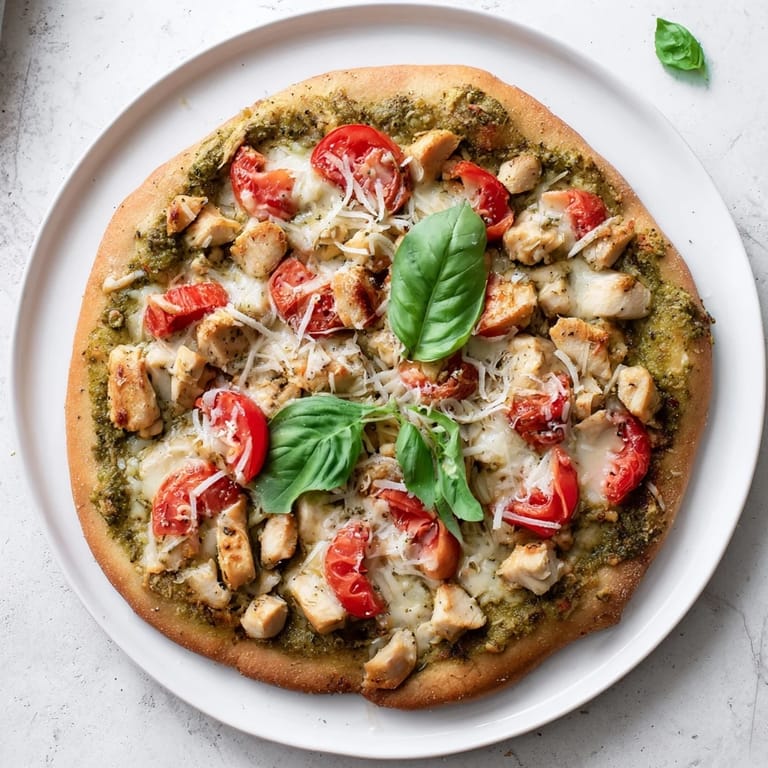 A freshly baked Chicken Pesto Pizza is sliced and ready to serve, with fragrant basil leaves and juicy tomatoes on a rustic wooden table.  