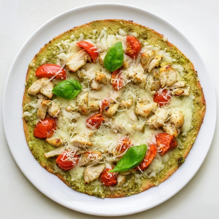 A homemade Chicken Pesto Pizza cooling on a rack, featuring tender chicken, creamy mozzarella, and a generous spread of vibrant green pesto.