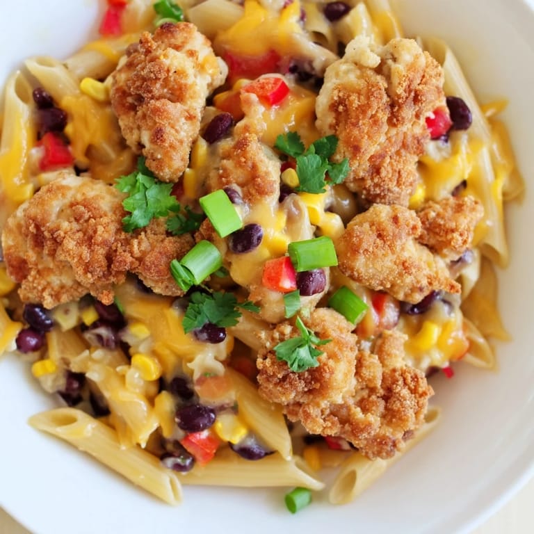 A serving spoon lifts cheesy, saucy Crispy Chicken Burrito Pasta from the skillet, revealing red bell pepper and tender pasta in a Tex-Mex dinner.