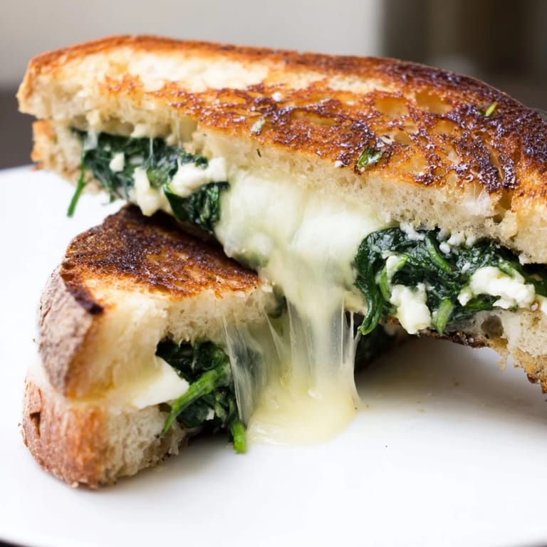 Hearty Feta & Spinach Stuffed Grilled Cheese with sautéed greens, paired beside a warm bowl of tomato soup.