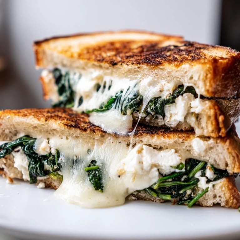 Toasted sourdough slices of Feta & Spinach Stuffed Grilled Cheese revealing a vibrant green and creamy white filling.