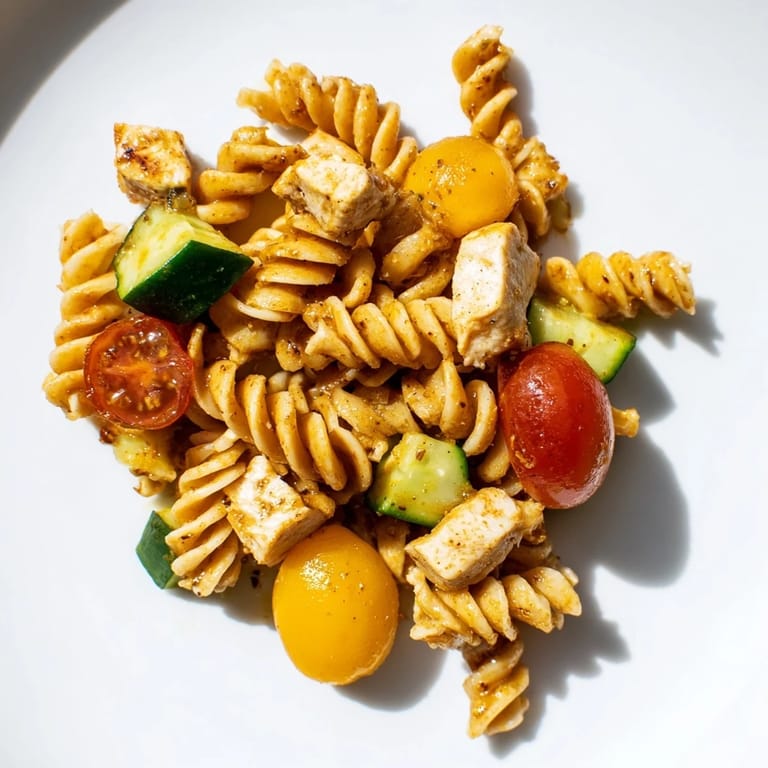 Easy Honey Mustard Chicken Pasta Salad with diced chicken, crisp vegetables, and parsley garnish, tossed in a creamy homemade honey-mustard dressing.