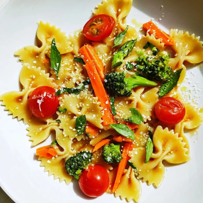 Close-up of a serving of Rainbow Veggie Pasta Primavera, highlighting glistening olive oil sauce, grated Parmesan, and colorful sautéed spring vegetables.