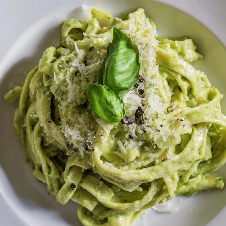 A skillet of hot Creamy Green Pea Alfredo with fettuccine, garnished with basil and cracked black pepper for a comforting weeknight dinner.  