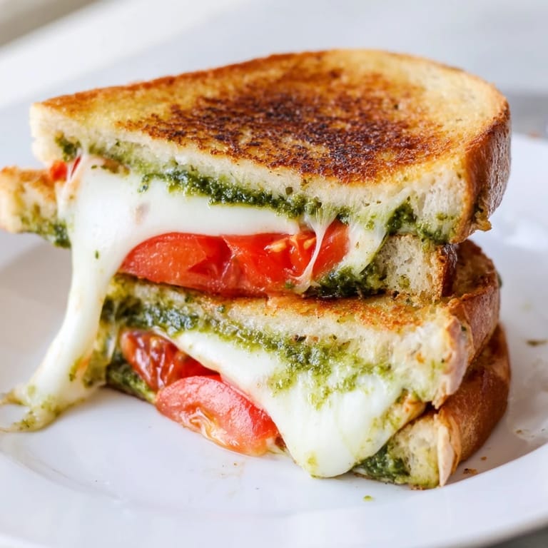 A close-up of a Caprese Pesto Grilled Cheese, showing melted cheese and crisp, golden-brown crust.