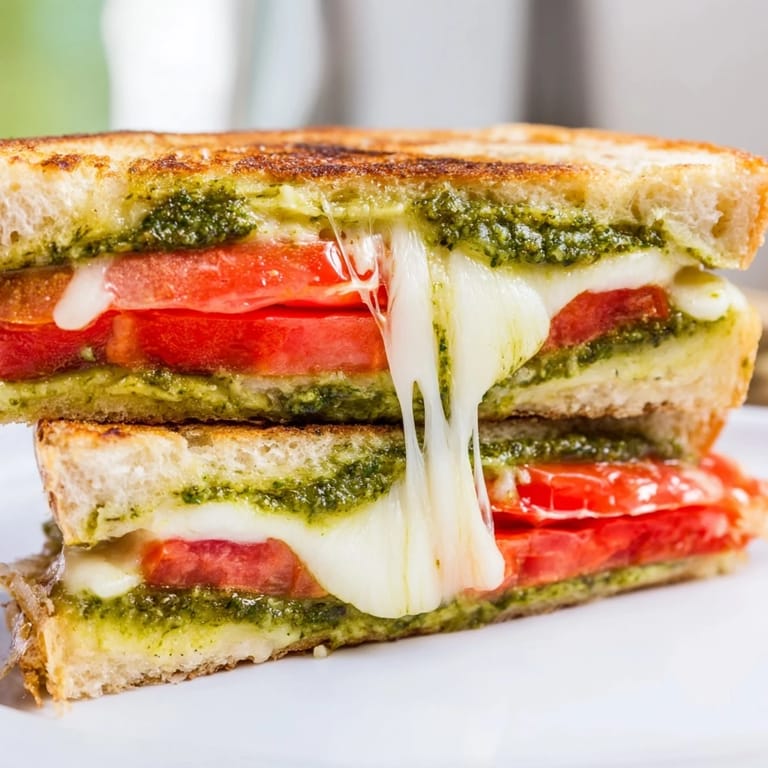 Caprese Pesto Grilled Cheese on crusty bread, layered with pesto, fresh mozzarella, and juicy tomatoes.