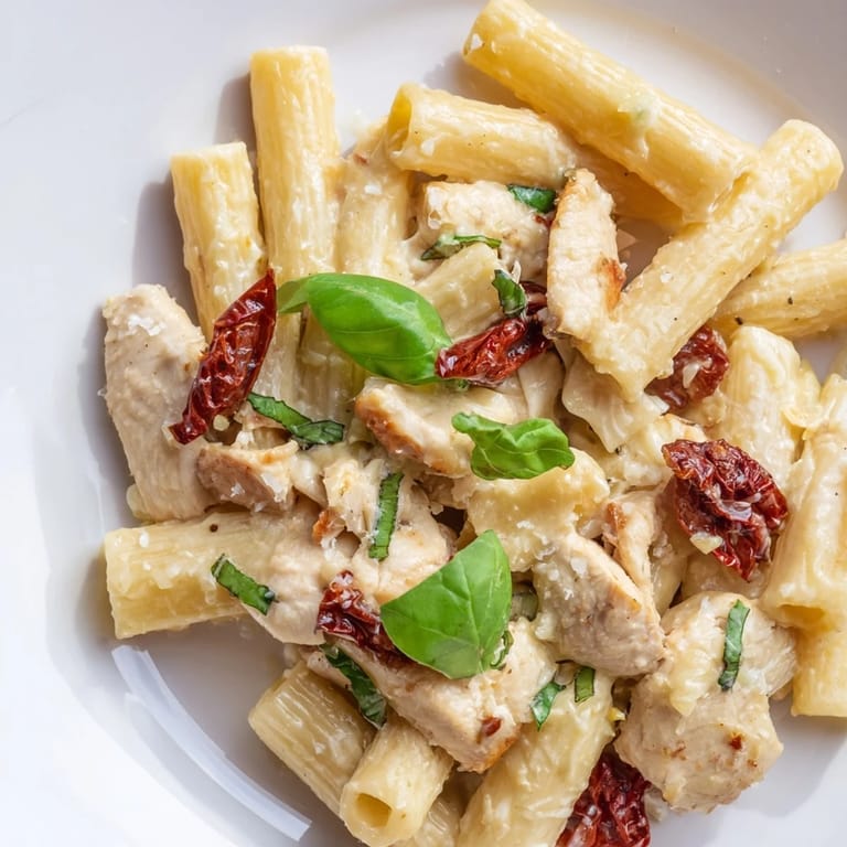 Serving suggestion for Creamy Sun-Dried Tomato Chicken Pasta in a rustic bowl, topped with grated Parmesan and a side salad for a cozy Italian-American dinner.