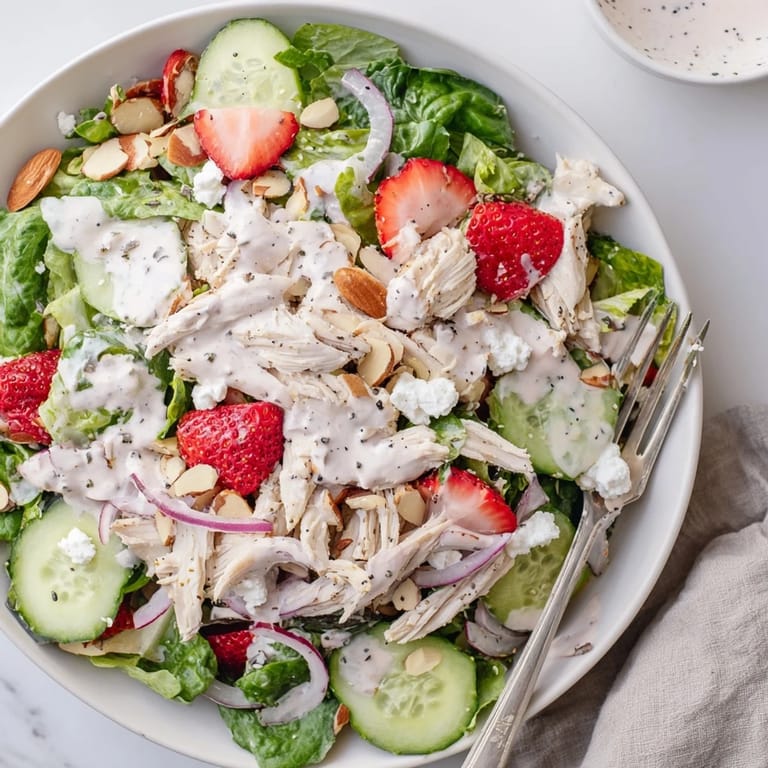 Gluten-free Strawberry Poppy Seed Chicken Salad on a white plate, served with a crisp Sauvignon Blanc for lunch.