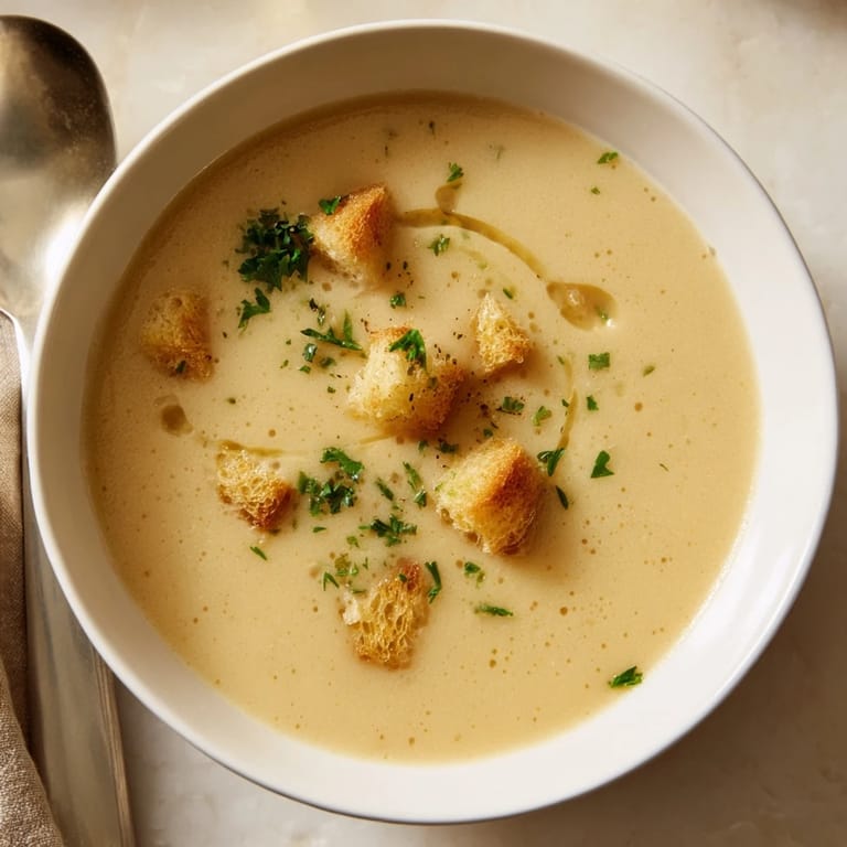 Golden roasted garlic cloves simmered into a smooth, aromatic soup, presented in a rustic ceramic bowl with a sprig of parsley.
