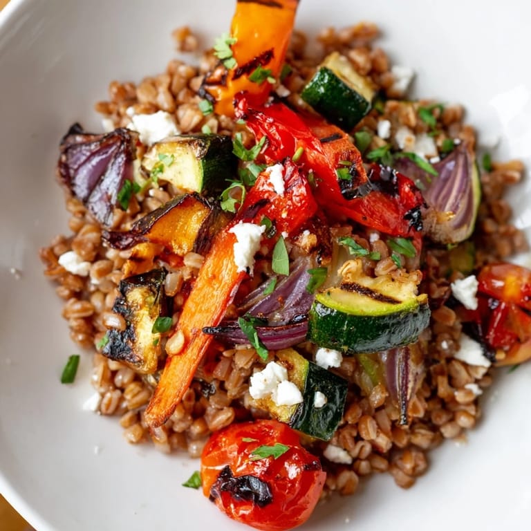 Hearty Farro With Roasted Vegetables tossed in balsamic dressing, perfect as a wholesome main dish.