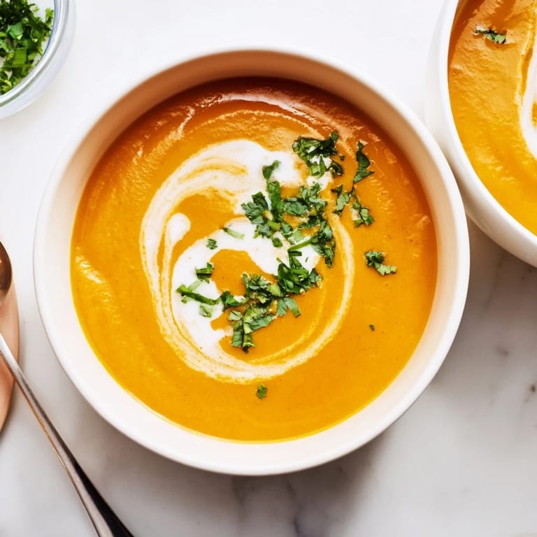 Healthy vegan carrot ginger soup served with crusty bread for dipping on a rustic kitchen table.