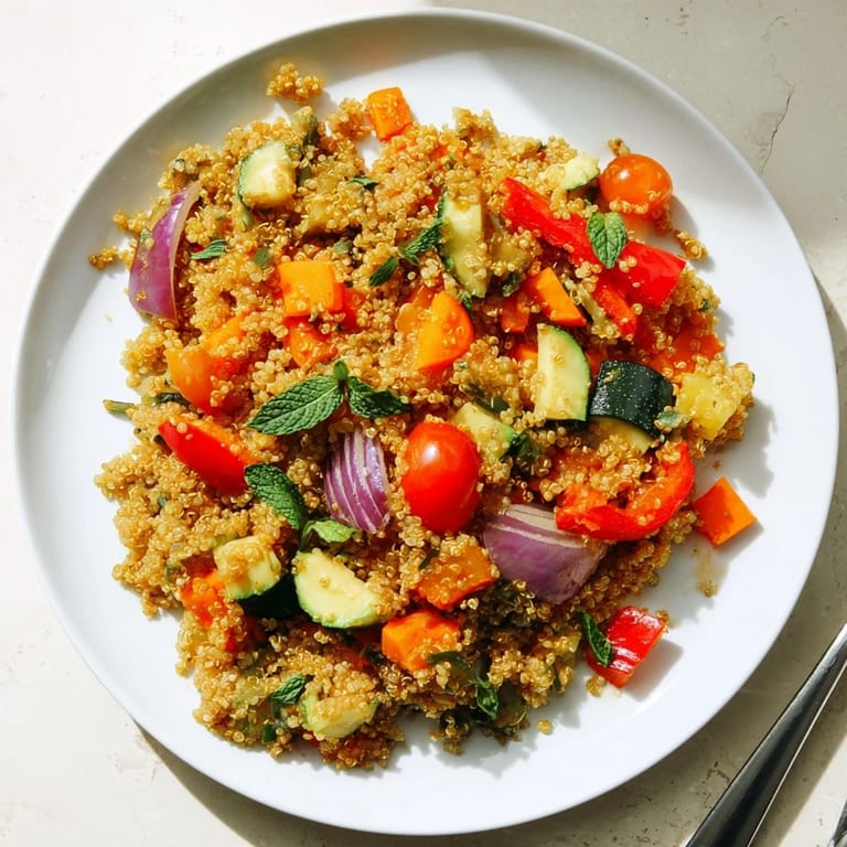 Golden roasted cherry tomatoes and red onion mingle with fluffy quinoa in this hearty, gluten-free quinoa vegetable pilaf recipe.