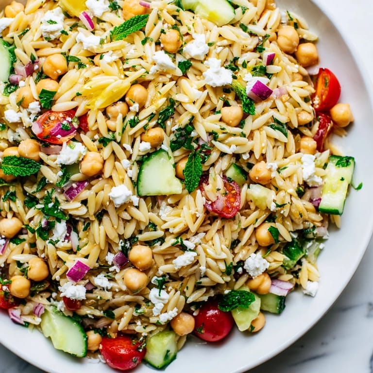 Tossed lemon chickpea orzo salad in a serving bowl, garnished with feta crumbles and lemon zest, ready for a summer picnic or healthy vegetarian lunch.