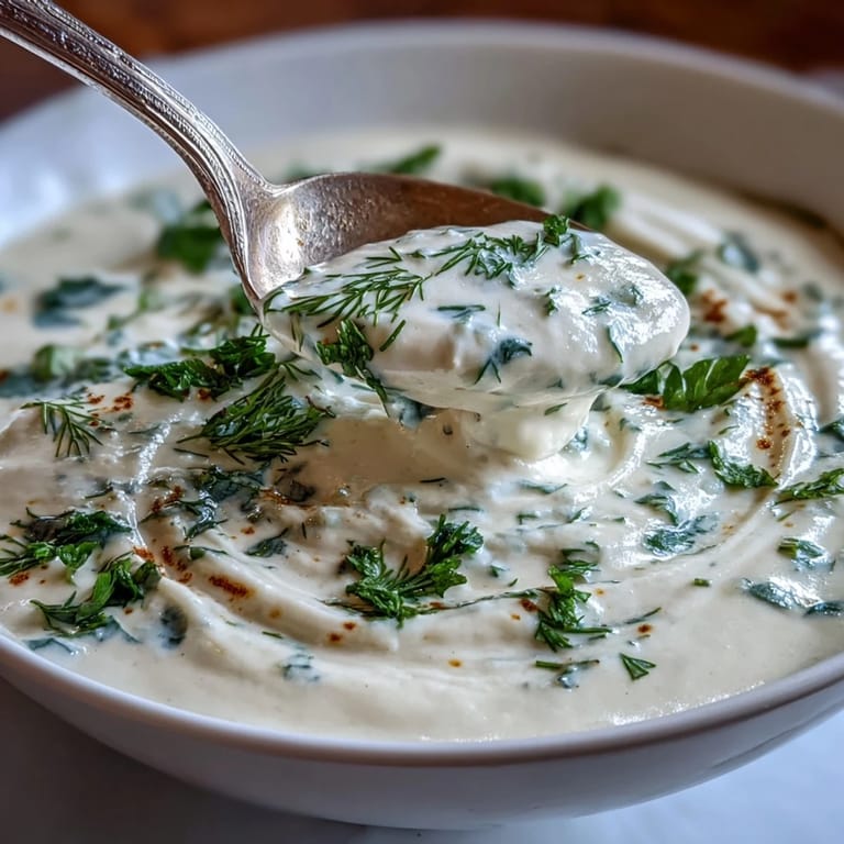 Comforting Parsnip and Herb Soup with a swirl of cream, served with crusty bread on the side.